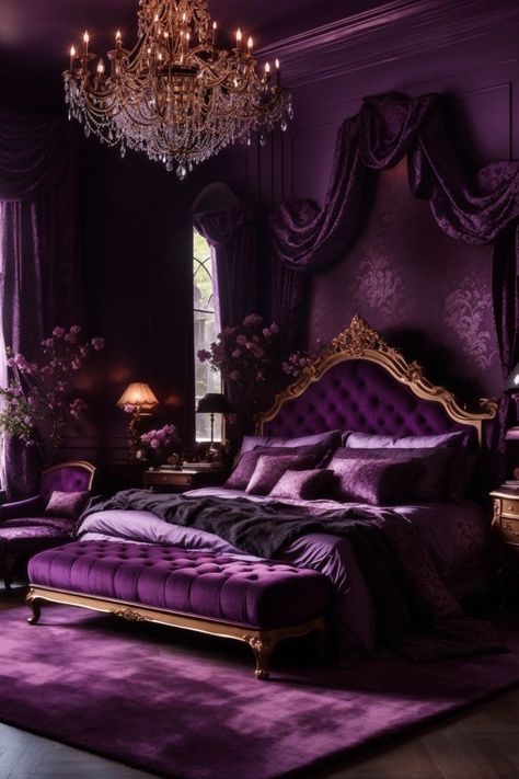 Black And Purple Bedroom, Purple Bedroom Aesthetic, Plum Room, Home Haunted House, Moody Romantic Bedroom, Dark Romantic Bedroom, Glam Room Decor, Purple Bedroom Decor, Haunted House Decor