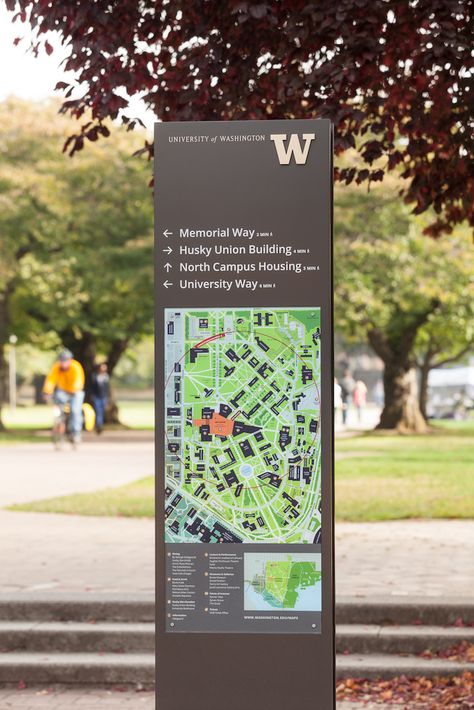 UW wayfinding guide signs by Studio Matthews; photo by William Wright, October 2016 Map Signage, Transport Map, North Campus, Wayfinding Signs, Campus Map, Guide Sign, Wayfinding Design, Desain Editorial, City Illustration