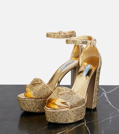 Prada - Embellished satin platform sandals | Mytheresa Rhinestone Platform Heels, Gold Chunky Heels, Shoes Prada, Prada Shoes, Together We Can, Ankle Straps, Platform Heels, Chunky Heels, Platform Sandals