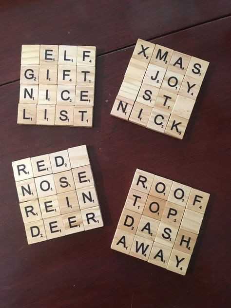 Scrabble Pieces Crafts, Scrabble Tile Crafts Diy, Diy Kitchen Gifts, Scrabble Letter Crafts, Scrabble Coasters, Scrabble Tile Crafts, Scrabble Crafts, Christmas Party Crafts, White Elephant Party