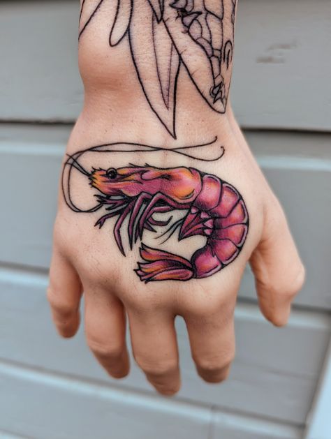 Shrimp tattoo on hand Shrimp Tattoo Design, Seafood Tattoo, Shrimp Tattoo, Illustrative Tattoo, Pink Shrimp, Tattoo Apprenticeship, Food Tattoos, Tattoo Board, Mushroom Tattoos