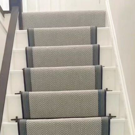 Stair Runners Direct on Instagram: "Lunar herringbone wool stair runner with blue striped border and landing carpet to match. Available via link in bio Thank you @hildahc #herringbone #carpet #stairrunner" Herringbone Carpet Runner Stairs, Navy Carpet Runner On Stairs, Gray Herringbone Floor, Navy Stair Runner Carpet, Grey Herringbone Stair Runner, Landing Carpet, Herringbone Carpet, Grey Striped Stair Carpet, Wool Stair Runner