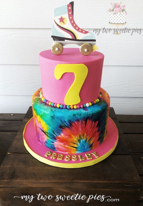 Tye Dye birthday and roller skates Roller Skates Cake, Roller Skate Cakes, Girls Roller Skate Birthday Party, Roller Skate Party Ideas Girl Birthday, Tye Dye Birthday Cake, Skate Party Cake, Tye Dye Birthday, Skating Birthday Cake, Rollerskate Cake