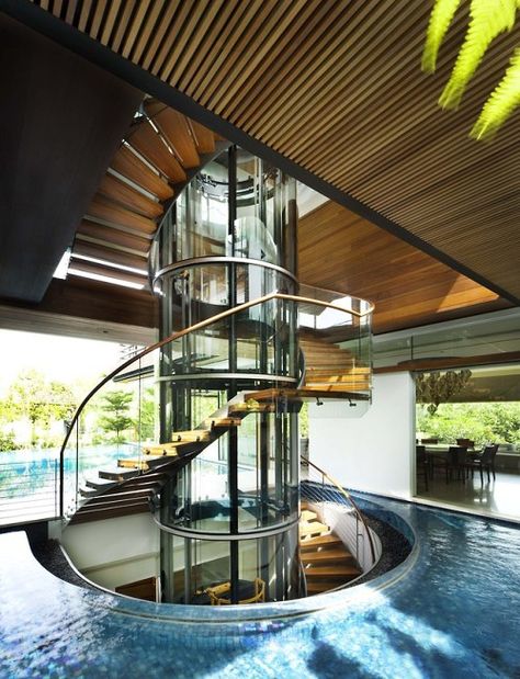 Timothy Sumer - Photography Spiral staircase around a glass cylinder in the middle of a pool... Staircase Architecture, Stair Design Architecture, Stair Plan, Glass Elevator, Stairs Architecture, Wood Architecture, Spiral Stairs, Interior Stairs, House Stairs