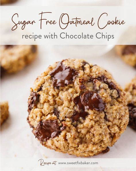 This Sugar free Oatmeal Cookie recipe delivers an amazing thick cookie packed with oatmeal, dark chocolate chips and walnut chunks. It's the perfect chewy cookie that's also sugar free! #recipeforsugarfreeoatmealcookies #SugarFreeOatmealCookierecipe #sugarfreeoatmealcookierecipes Zero Sugar Desserts, Sugar Free Oatmeal Cookies, Honey Oatmeal Cookies, Oatmeal Applesauce Cookies, Recipe With Chocolate Chips, Sugar Free Cookie Recipes, Sugar Free Cookie, Sugar Free Oatmeal, Oat Cookie Recipe