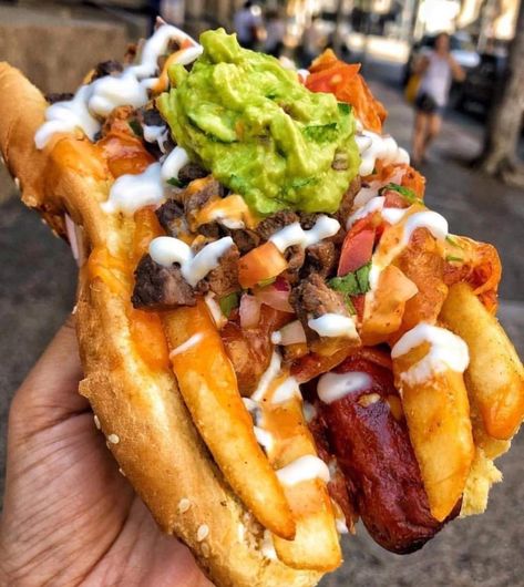 Loaded hotdog #food #meal #foods #healthyfood #keto Carne Asada Fries, Mexican Crema, Extreme Food, Iranian Food, Carne Asada, Food Goals, Bacon Wrapped, Food Cravings, Amazing Food