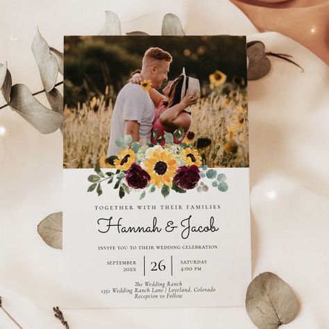 Sunflower And Roses Rustic Photo Wedding Invitation #zazzle #weddinginvitations #birthdayinvitations #babyshowerinvitations #zazzleinvitations #monogram #businesscards #graduation #homedecor Sunflower And Roses Wedding Invitations, Rustic Wedding Sunflowers And Roses, Sunflower Rose Wedding, Sunflower And Rose Wedding, Sunflowers And Roses Wedding, Rustic Spring Wedding, Sunflower Invitations, Burgundy Roses, Sunflowers And Roses