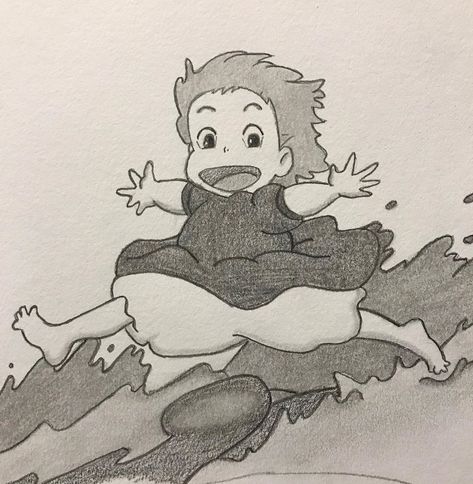 Ponyo Easy Drawing, Studio Ghibli Drawing Sketches Easy, Ponyo Studio Ghibli Drawing, Ghibli Drawing Easy, Ponyo Running, Ghibli Drawing Sketch, Studio Ghibli Drawing Sketches, Ponyo Sketch, Ponyo Drawings