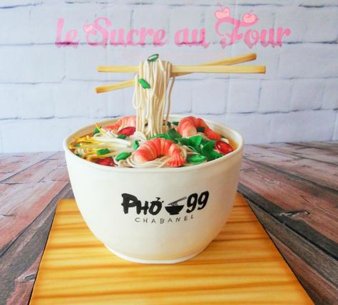 Pho soup cake - Cake by Sandra Major Pho Birthday Party, Pho Party, Ramen Cake Design, How To Make Pho Soup At Home, Pho Recipe Videos, Christmas Chocolate Desserts, Sushi Cake, Pho Soup, Gravity Cake