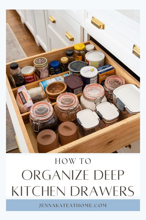 Simple ways to maximize your kitchen space with smart tips for organizing deep drawers, ensuring easy access and clutter-free storage. Organizing Deep Drawers, Deep Kitchen Drawer Organization, Deep Drawer Organization, Drawer Spice Rack, Baking Storage, Coastal Style Kitchen, Spice Organization Drawer, Kitchen Appliance Storage, Tips For Organizing