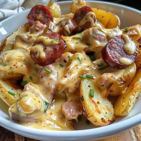 Take Along Dinner Ideas, Recipe Smoked Sausage, Cheesy Sausage And Potatoes Skillet, What To Make With Smoked Sausage, Cheese Ranch Potatoes And Sausage, Sausage Main Dishes, Cheesy Potatoes And Kielbasa, Cheesy Potatoes With Sausage, Healthy Big Batch Meals