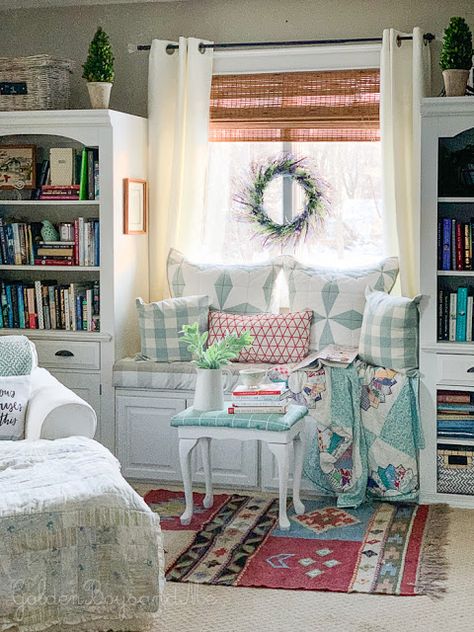 Cozy and Colorful Country Cottage Home Tour - DIY bookcase and built in storage window seat. Country Cottage Homes, Window Seat Storage, Oval Room Blue, Colorful Cottage, Estilo Shabby Chic, Country Cottage Decor, Cottage Style Decor, Cottage Living Rooms, Cottage Bedroom