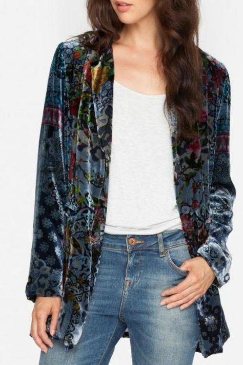 Johnny Was Multi Velvet Blazer on ShopStyle Cardigan Plus Size, Business Casual Blazer, Blazer Outfits Casual, Women's Outfits By Occasions, Long Sleeve Outerwear, Blazer Blue, Long Blazer, Velvet Blazer, Velvet Jacket