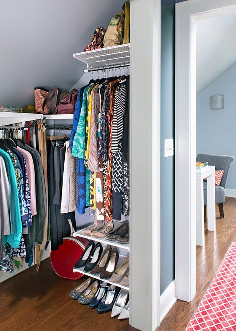 Do a Seasonal Closet Cleanout Small Walk In Closet Design, Small Walk In Closet, Closet Redo, Attic Closet, Walking Closet, Walk In Closet Design, Slanted Ceiling, Bathroom Storage Solutions, Attic Bathroom