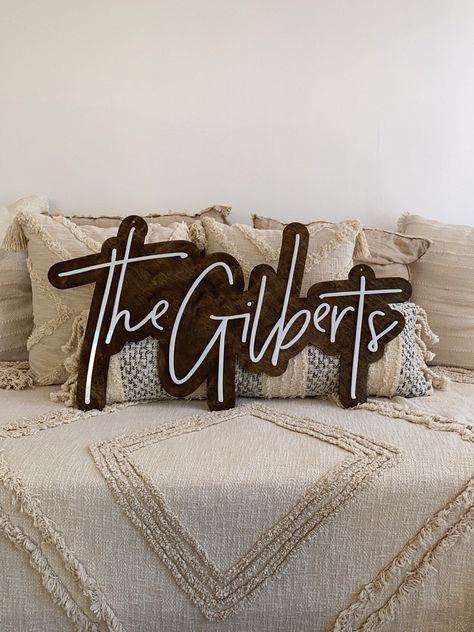 Last Name Above Bed, Wedding Signs With Last Name, Last Name Light Up Sign, Acrylic Family Name Sign, Western Last Name Signs, Wooden Name Signs Wedding, Last Name Sign For Wedding, Wooden Wedding Signs Last Name, Custom Last Name Signs