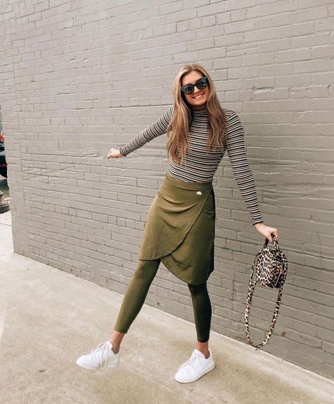 Snoga Athletics on Instagram: “@summerdawnsidlo NOT SURE WHAT WE LOVE MORE? “ANKLE FAUX WRAP IN DARK OLIVE” OR YOUR STRIPED SHIRT AND LEOPARD BAG?? HMMM... 15% Off Two…” Modest Activewear Outfits, Athletic Modest Outfits, Workout Skirts Outfit, Modest Athleisure Outfits, Athletic Outfits Modest, Skirt Workout Outfit, Snoga Athletic Skirt Outfit, Hiking Skirt Outfit, Modest Running Outfit