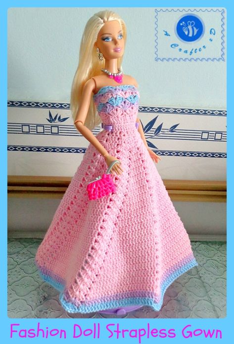 Crochet Barbie Clothes Free, Crochet Barbie Dress, Barbie Crochet Gown, Crochet Barbie Patterns, Crochet Doll Clothes Free Pattern, Barbie Dress Pattern, Crocheted Dress, Crochet Barbie, Barbie Doll Clothing Patterns