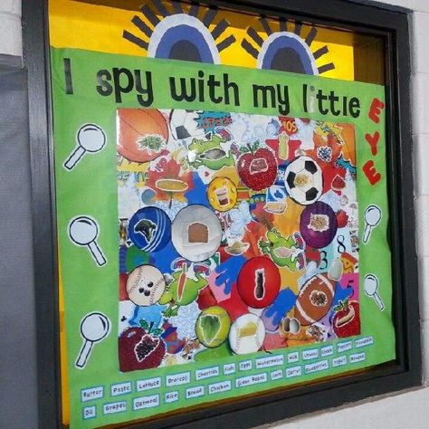 Eye Spy With My Little Eye Image Eye Spy Bulletin Board, Pt Month Bulletin Board, Ispy Bulletin Board Ideas, I Spy Bulletin Board Ideas, Pe Bulletin Boards Elementary, I Spy Bulletin Board, Physical Education Bulletin Boards, Pe Bulletin Boards, Library Classroom