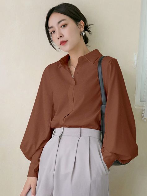 Classic Solid Color Button-Front Long Sleeve Casual Brown Shirt For Women Coffee Brown Casual  Long Sleeve Woven Fabric Plain Shirt Non-Stretch Spring/Fall Women Clothing, size features are:Bust: ,Length: ,Sleeve Length: Loose Tops For Women Casual, Brown Shirt For Women, Tops For Women Casual, Brown Blouse, Brown Shirt, Mens Winter Coat, Plain Shirt, Retro Hairstyles, Fashion Inspiration Design