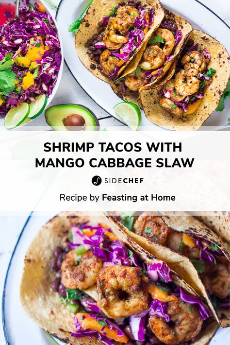 This dish is bursting with tropical island flavors! The Shrimp Tacos are full of delicious flavor, surprisingly healthy, and can be made in 30 mins on the grill or stove-top! Grilled Shrimp Tacos With Cabbage Slaw, Shrimp Tacos With Cabbage Slaw, Cuban Style Black Beans, Mango Slaw Recipes, Caribbean Shrimp, Tacos With Cabbage Slaw, Cabbage Slaw Recipes, Grilled Shrimp Tacos, Mango Slaw