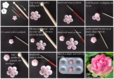 tutorial de como hacer una flor de loto Gum Paste Flowers Tutorials, Fondant Techniques, Sugar Paste Flowers, Sugar Flowers Tutorial, Fondant Flower Tutorial, Fondant Rose, Making Flowers, Quilled Creations, Gum Paste Flowers