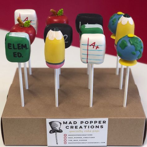 Back To School Cakepops, Teacher Cake Pops, Teacher Graduation Cakes, Back To School Cake Pops, Teacher Graduation Party, Dessert Table Treats, Back To School Treats, Boxing Ideas, Chocolate Goodies