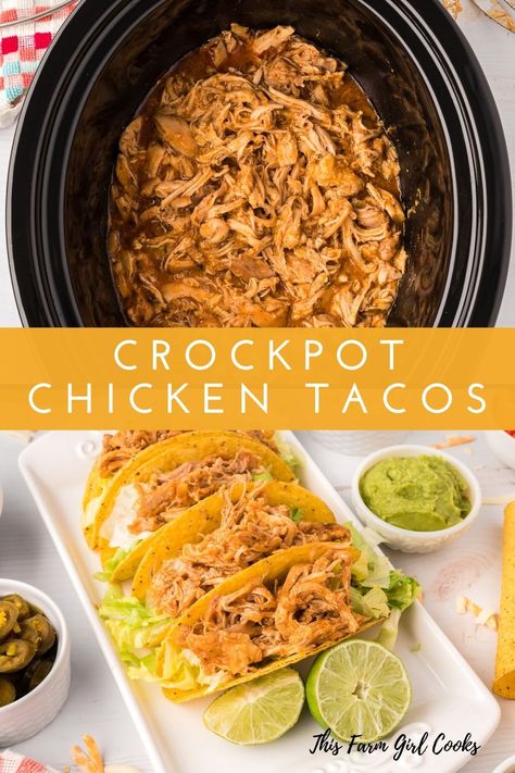 Crock Pot Chicken Tacos are simple to make using pantry ingredients and are made with real food ingredients. Add these to your Taco Tuesday night! #tacos #crockpot #freezermeals #tacotuesday #crockpotrecipe Gluten Free Chicken Tacos Crock Pot, Crock Pot Fajita Chicken, Slow Cooker Shredded Chicken Tacos, Crockpot Ranch Chicken Tacos, Shredded Chicken Tacos Recipe, Crock Pot Chicken Tacos, Tacos Crockpot, Crockpot Chicken Tacos, Rotisserie Chicken Tacos