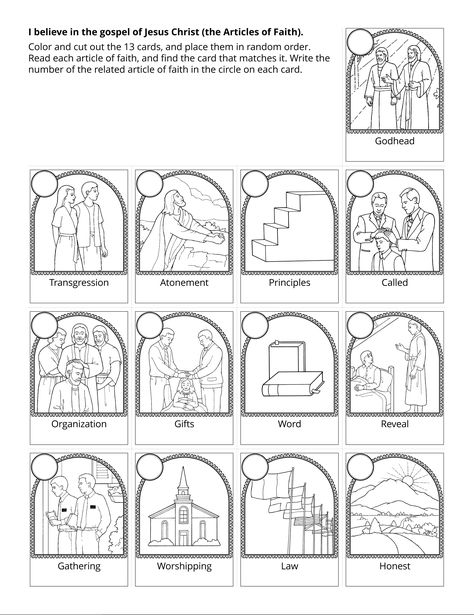 Doctrine and Covenants Activity Pages 13 Articles Of Faith, Primary Activity, Sunday Activities, Activity Day Girls, Primary Singing Time, Doctrine And Covenants, Articles Of Faith, Primary Activities, Activities For Boys