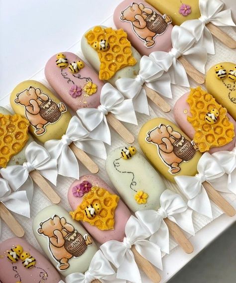 Winnie The Pooh Popsicles, Winnie The Pooh Deserts, Winnie The Pooh Cakesicles, Bridal Shower Cakesicles, Pooh Cakesicles, Winnie The Pooh Cake Pops, Baby Shower Reveal Ideas, Gender Reveal Baby Shower Themes, Pooh Cake