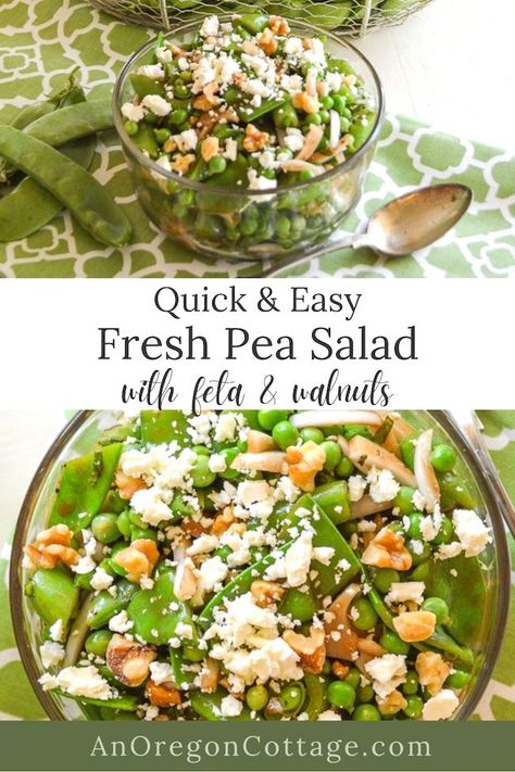 Looking for unique recipes to use up those fresh peas of the season? Then you've GOT to try this simple, yet flavorful salad of fresh peas and English peas with feta and walnuts. Dressed in an easy vinaigrette, it's ready to go in minutes as a healthy lunch or side for grilled meats. Fresh Pea Salad Recipes, Healthy Pea Salad, Pea Feta Salad, English Peas Recipe, Snow Snap, English Pea Salad, Easy Vinaigrette, Fresh Peas, Fresh Summer Salad