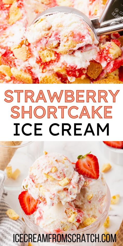 The top half is a picture of an ice cream scooper rolling a scoop of strawberry shortcake ice cream. The bottom half is a glass bowl filled with scoops of strawberry shortcake ice cream that has swirls of strawberry sauce and chunks of vanilla cake. Strawberry Shortcake Ice Cream Cake, Kitchen Aid Ice Cream Recipes, Ice Cream From Scratch, Cheesecake Ice Cream Recipe, Kitchen Aid Ice Cream, Strawberry Ice Cream Cake, American Dessert, Boozy Ice Cream, Easy Homemade Desserts