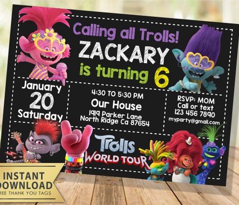 Trolls World Tour Invitation, Trolls World Tour Party, Trolls World Tour Birthday, Printable Trolls Invitation, Editable Trolls Invites, Trolls Instant Download, Digital Trolls Invitation, Trolls Birthday Party, Free Trolls Thank You Tags Trolls World Tour Birthday Party Ideas, Trolls World Tour Party, Rock Trolls, Trolls Invitation, Birthday Party Details, Trolls Party, Trolls 3, Trolls World Tour, Trolls Birthday Party