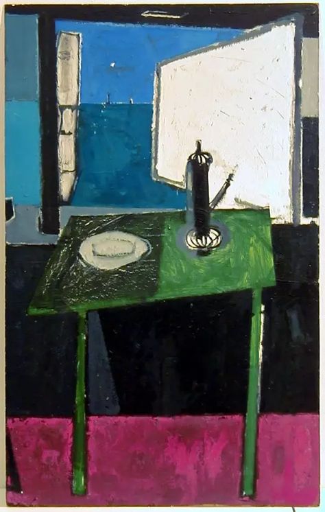 Patrick Heron, Green Table and Coffee-Pot in front of Sea Window : 1953 Patrick Heron, Interior Paintings, Green Table, Paintings I Love, British Art, Seascape Paintings, Henri Matisse, Paintings & Prints, Still Life Painting