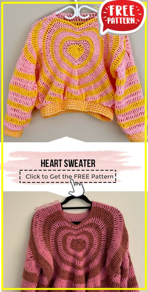 crochet Heart Sweater free pattern - FREE Crochet Sweater Pattern for Beginners. Click to Get the Pattern #Sweater #crochetpattern #crochet via @shareapattern.com Crochet Heart Pattern Sweater, Heart Sweater Crochet Pattern Free, Crochet Free Patterns Top, Crochet Heart Jumper, Crochet Pattern Free Sweater, Heart Sweater Crochet Pattern, Jumper Crochet Pattern Free, Free Pattern Crochet Sweater, Crochet Clothing Free Pattern