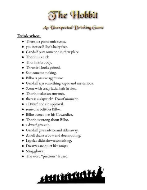 The hobbit drinking game, my hubby and I made one night.  Hope you enjoy it. Hobbit Themed Cocktails, Hobbit Cocktails, Hobbit Drinks, Lotr Drinking Game, Lord Of The Rings Drinking Game, Disney Movie Drinking Games, Drinking Games Movies Disney, Themes Dinner Nights, Lotr Games