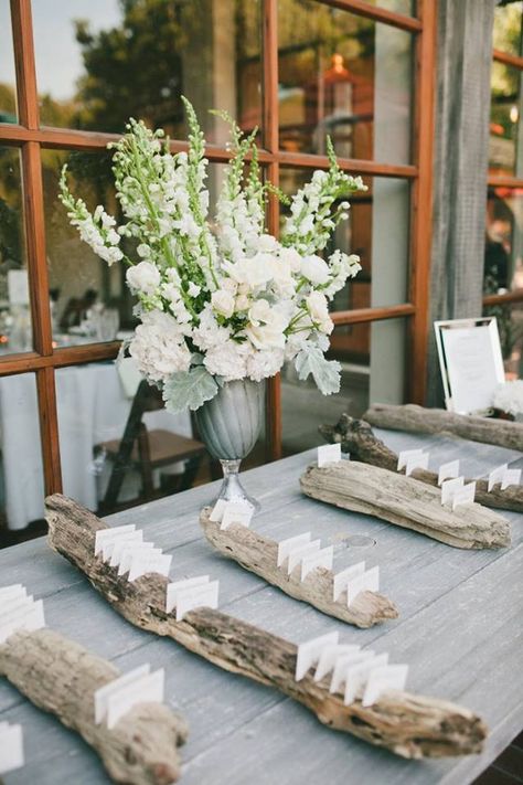 Driftwood Place Cards, Wedding Name Card Display, Beach Wedding Table Assignments, Driftwood Table Numbers, Coastal Wedding Seating Chart Ideas, Driftwood Table Decor, Driftwood Wedding Decor, Driftwood Centerpiece Wedding, Coastal Seating Chart