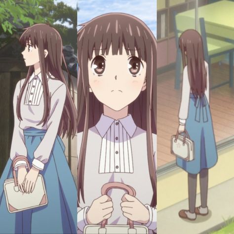 tohru honda wearing a grey collared long sleeve, blue mid length skirt, with black tights outfit Skirt With Black Tights Outfit, Tohru Honda Outfit Ideas, Sawako Kuronuma Outfit, Tohru Honda Outfit, Sawako Fashion, Shojo Outfits, Shoujo Outfits, Skirt With Black Tights, Shojo Girl