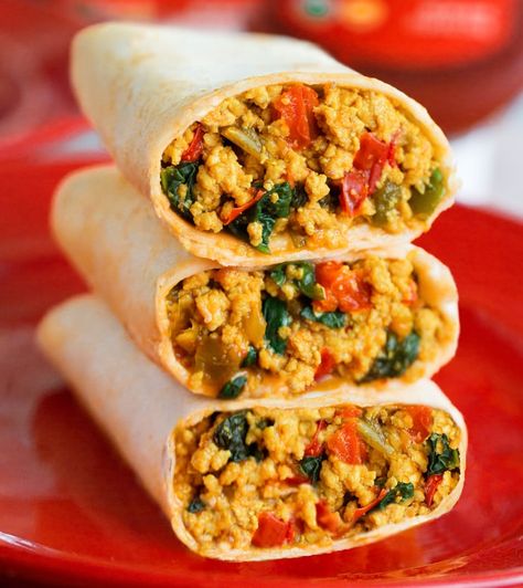 Tofu High Protein Breakfast Burritos Curry Burrito, Tofu Silken, Protein Burrito, Protein Vegan Breakfast, Diced Vegetables, Freeze Leftovers, Fiber Breakfast, High Protein Vegan Breakfast, Scrambled Tofu Recipe