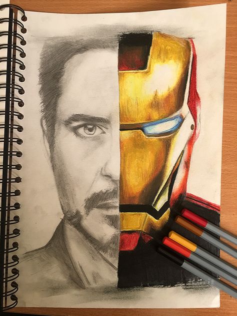 Robert Downey Jr. as Tony Stark portrait, half coloured, half pencil 🏙 Tony Stark Sketch Easy, Half Drawing Half Picture, Iron Man Half Face, Half Portrait Drawing, Tony Stark Portrait, Marvel Sketches, Half Face Drawing, Half Portrait, Iron Man Painting