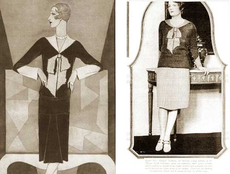 The major designers in modernist fashions included Chanel, Lanvin ( who always seemed to be a step ahead of the younger ones) and new surrealist designers like Elsa Schiaparelli ( who first splashed on to the fashion scene in 1927 with her trompe l’oeil bow sweater) Dress With Cardigan Outfit, 1920s Looks, 1920s Hair, 1920s Outfits, Chemise Dress, Elsa Schiaparelli, Bow Sweater, 20s Fashion, 1920s Dress