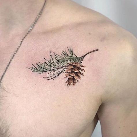 Pine Cone Tattoo, Pinecone Tattoo, Cone Tattoo, Pine Tattoo, Tato Minimal, Small Chest Tattoos, Shape Tattoo, Men Chest, Muster Tattoos