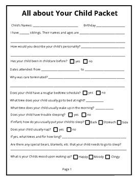 An All about Your Child Packet is the perfect way for Parents/Guardians to let you know everything there is to know about their child. Do they have any allergies, a specific diet, any restrictions, any beliefs, does the child nap at home, have a regular bedtime, how is their typical behavior? Get to know your students better while protecting your Daycare/Childcare Center & having in writing from the Parent everything their is to know about the child.Protect yourself, your Home & your Day Daycare Policy Handbook, Child Care Center Design, Daycare Printables, In Home Childcare, Daycare Director, Daycare Lesson Plans, Daycare Organization, Daycare Business, Teaching Binder