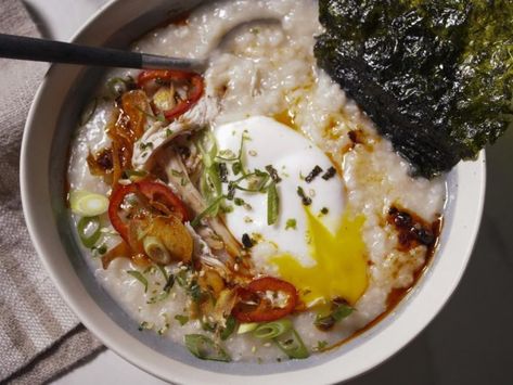 Esther Choi's Breakfast Congee Beauty, as seen on The Kitchen, Season 36. Congee Recipe Breakfast, Breakfast Congee, Congee Recipe, 3 Cup Chicken, Rice Porridge, Gluten Free Chicken, Rotisserie Chicken, Chicken Stock, Food Network