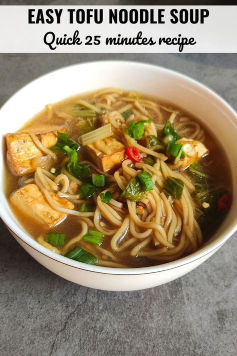 A bowl of tofu noodle soup garnishes with chopped spring onion greens. Tofu Noodle Soup, Vegan Noodle Soup, Vegetarian Asian, Asian Soup Noodle, Asian Soup Recipes, Recipes To Try At Home, Tofu Noodles, Tofu Soup, Noodles Soup