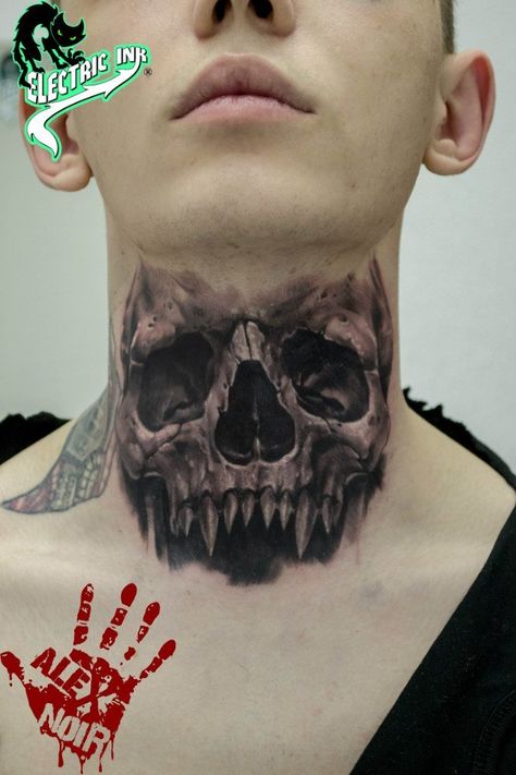 Front Neck Tattoo Design, Scary Neck Tattoos, Skull Neck Tattoo For Men, Unique Throat Tattoos, Men Throat Tattoo, Neck Skull Tattoo, Neck Cover Up Tattoos Men, Small Throat Tattoo, Skull Throat Tattoo