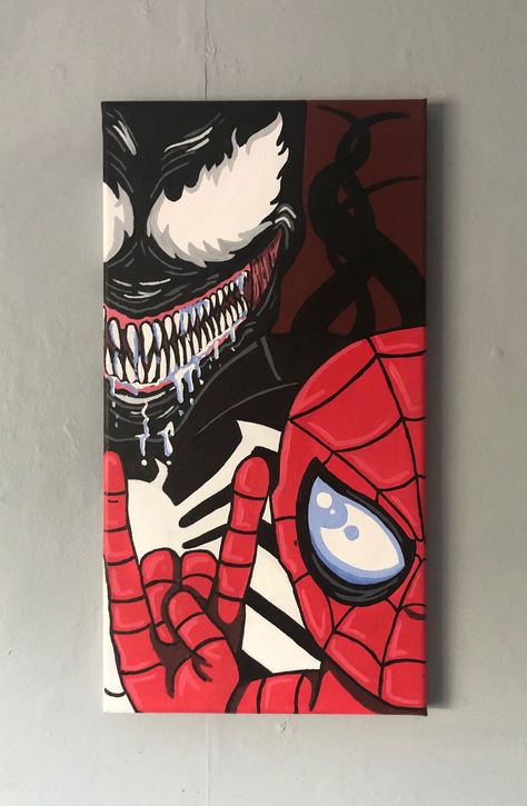 Spider-Man and Venom canvas Cool Marvel Paintings, Venom Acrylic Painting, Spiderman And Venom Painting, Spider Man Acrylic Painting, Venom Canvas Painting, Spider Man And Venom Drawing, Venom Painting Easy, Marvel Paintings On Canvas, Spiderman And Venom Drawing