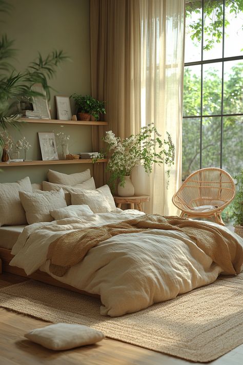 interior design Earthy Tone Bedroom Aesthetic, Minimalist Natural Bedroom, Natural Minimalist Bedroom, Natural Light Apartment, Big Cozy Bedroom, Calm Home Aesthetic, Earthy Minimalist Bedroom, Natural Room Aesthetic, Earth Toned Bedroom