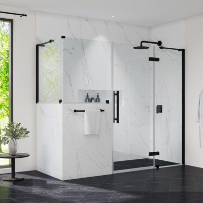 This shower kit with buttress panel features a fixed panel hinge system, offering an industrial-inspired look that will complement any space. It comes with premium quality oversized hardware complete with a Black finish, and includes  a 24 in. wide fixed panel, a 30 in. wide door panel, a 36 in. wide buttress inline panel, a 30 in. wide buttress side panel, ideal for a Buttress Corner installation. All panels are made from Premium 8mm (5/16") thick certified tempered glass. Frame Finish: Black Bathroom Measurements, Bathtub Enclosures, Black Shower Doors, Frameless Hinged Shower Door, Full Bathroom Remodel, Corner Shower Enclosures, Dream Shower, Tongue Health, Shower Kit