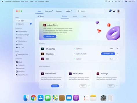 Glassmorphism Big Sur Creative Cloud App Redesign Light Mode by Mikołaj Gałęziowski 🌵 on Dribbble Glassmorphism Ui, Ui Design App, App Redesign, Dashboard App, Dashboard Design, Ui Design Inspiration, Design App, Learning Design, App Ui Design