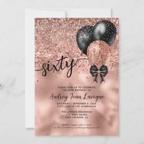 Black Rose Gold Balloon Bow Glitter 60th Birthday Invitation Balloon Bow, 60th Birthday Party Decorations, 77th Birthday, 92nd Birthday, Rose Gold Invitations, 60th Birthday Invitations, 30th Birthday Invitations, 50th Birthday Invitations, 40th Birthday Invitations